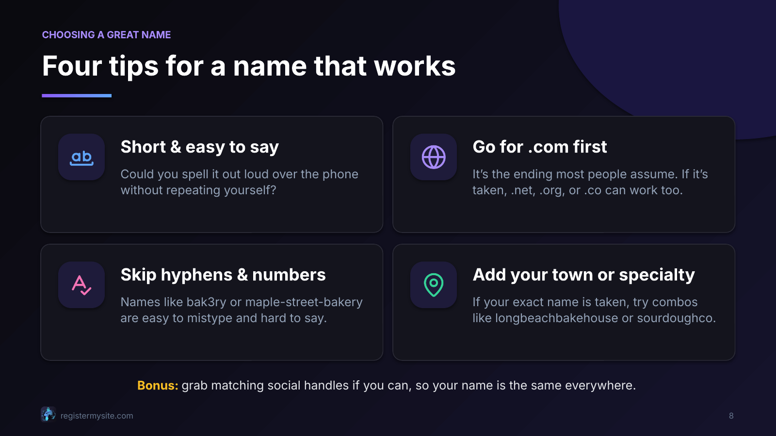 Slide 8 of 16: Four tips for a name that works — Short, .com first, skip hyphens and numbers, add town or specialty.