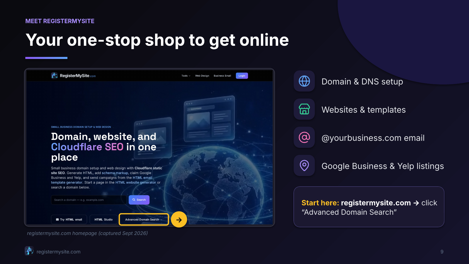 Slide 9 of 16: Your one-stop shop to get online — RegisterMySite overview. Use Advanced Domain Search.