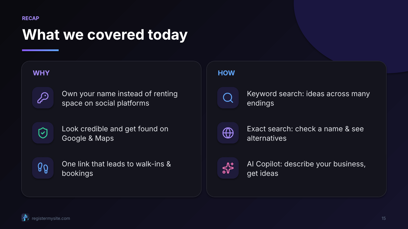 Slide 15 of 16: What we covered today — Why own the name, and the three search paths.